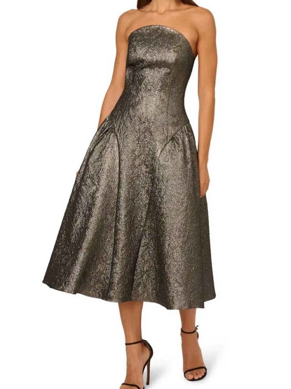 Adrianna Papell Gunmetal Metallic Jacquard Strapless Midi Dress